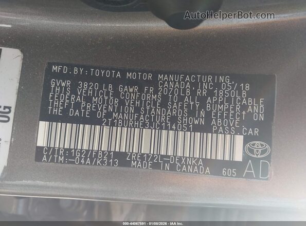 2T1BURHE3JC114051 2018 TOYOTA LL Gray Engine compartment view