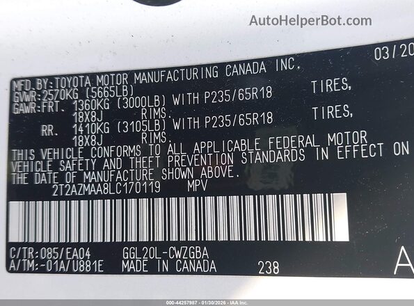 2T2AZMAA8LC170119 2020 LEXUS RX 350 Белый Вид подкапотного пространства