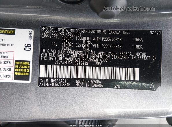 2T2AZMDA5LC249419 2020 LEXUS RX 350 Gray Engine compartment view