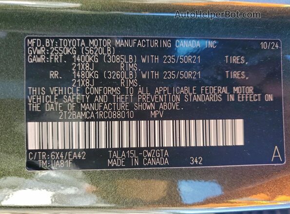 2T2BAMCA1RC088010 2024 LEXUS RX Green Vista de la etiqueta del VIN