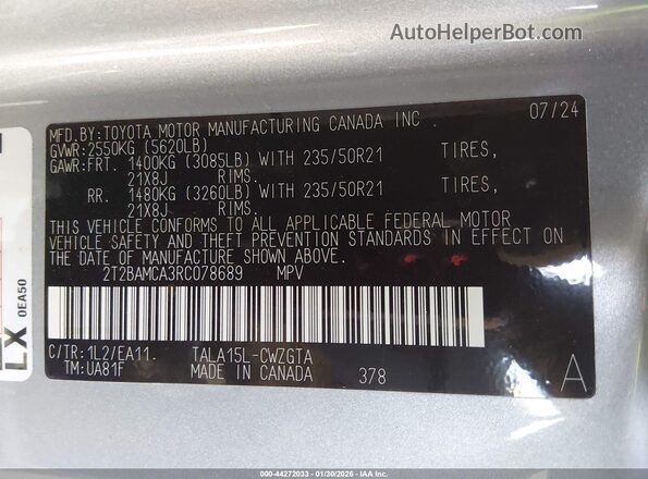 2T2BAMCA3RC078689 2024 LEXUS RX 350 Silver Engine compartment view