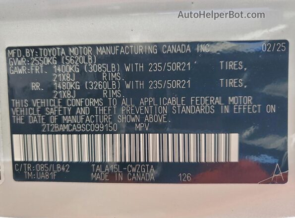 2T2BAMCA9SC099150 2025 LEXUS RX White Widok naklejki z numerem VIN