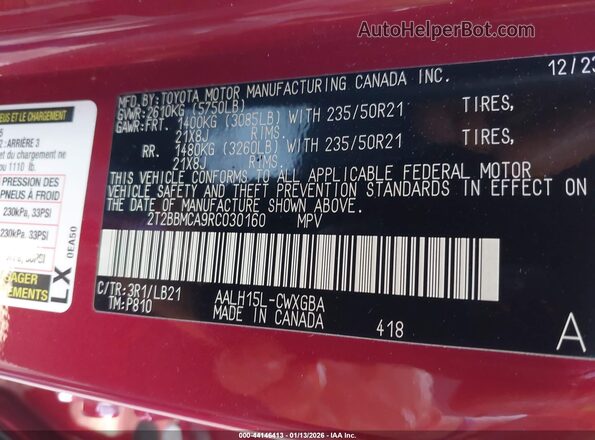 2T2BBMCA9RC030160 2024 LEXUS RX 350H Красный Вид подкапотного пространства