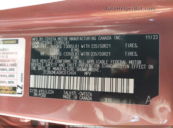 2T2BCMEA0RC013404 2024 LEXUS RX 500H Orange Vista del compartimento del motor