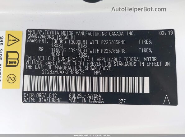2T2BZMCAXKC189822 2019 LEXUS RX 350 Белый Вид подкапотного пространства