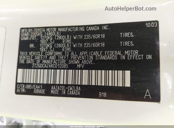 2T2GDCAZ4RC012085 2024 LEXUS NX 250 Белый Вид подкапотного пространства