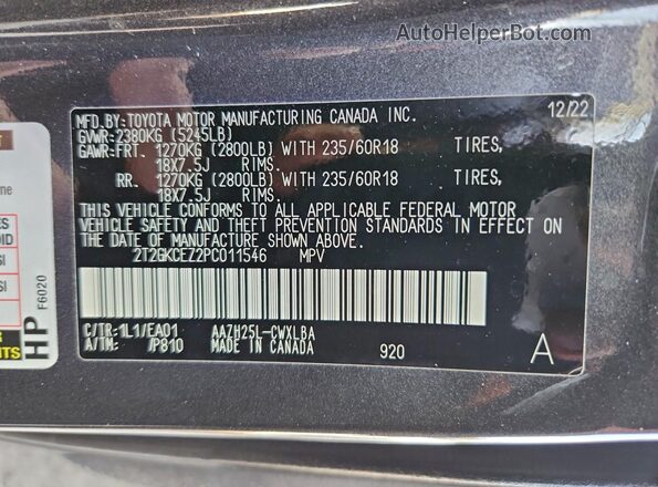 2T2GKCEZ2PC011546 2023 LEXUS NX Black Vista de la etiqueta del VIN