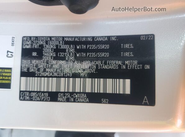 2T2HGMDA3NC081349 2022 LEXUS RX Белый Вид наклейки с VIN-кодом