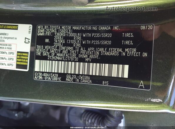 2T2HZMAA1LC179730 2020 LEXUS RX 350 Зеленый Вид подкапотного пространства