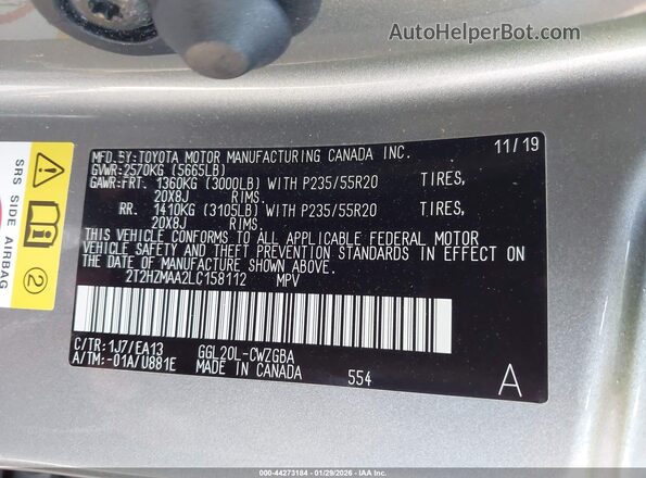 2T2HZMAA2LC158112 2020 LEXUS RX 350 Серый Вид подкапотного пространства