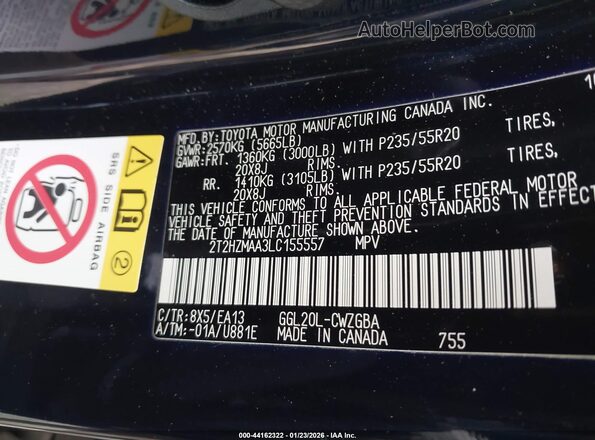 2T2HZMAA3LC155557 2020 LEXUS RX 350 Blue Vista del compartimento del motor