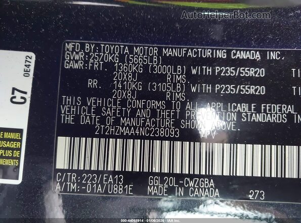 2T2HZMAA4NC238093 2022 LEXUS RX 350 Черный Вид подкапотного пространства