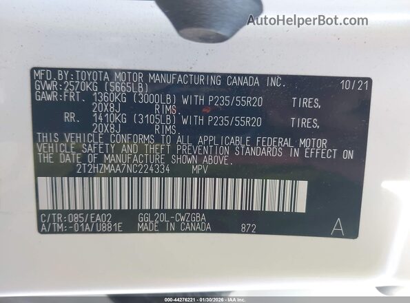 2T2HZMAA7NC224334 2022 LEXUS RX 350 Белый Вид подкапотного пространства