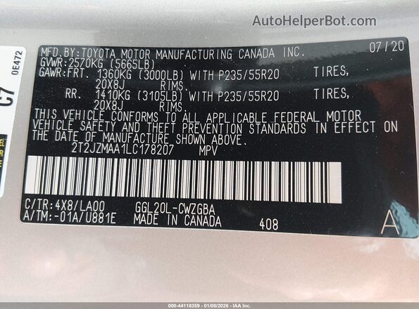2T2JZMAA1LC178207 2020 LEXUS RX 350 Champagne Вид подкапотного пространства