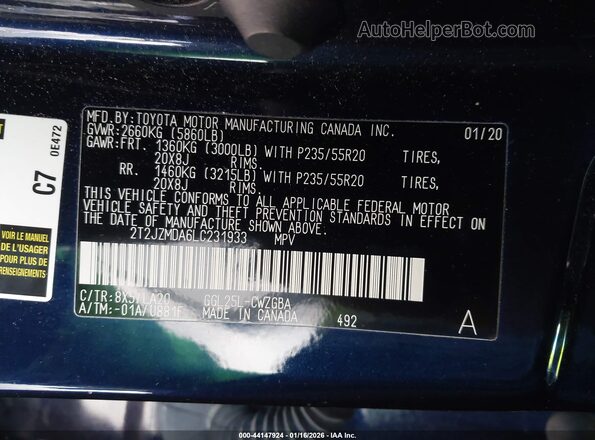 2T2JZMDA6LC231933 2020 LEXUS RX 350 Blue Widok komory silnika