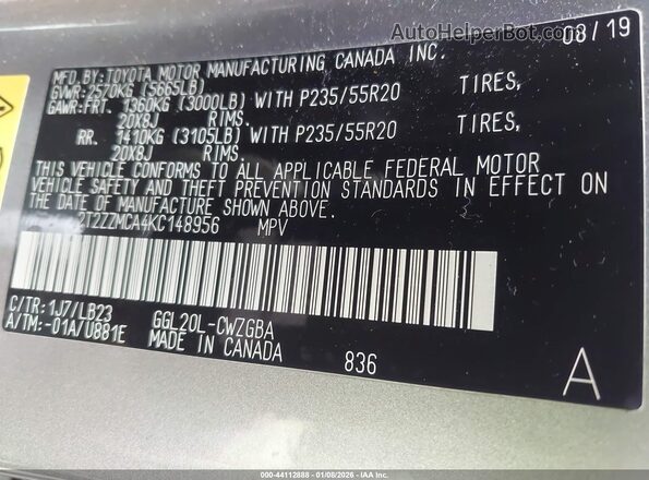 2T2ZZMCA4KC148956 2019 LEXUS RX 350 Серый Вид подкапотного пространства