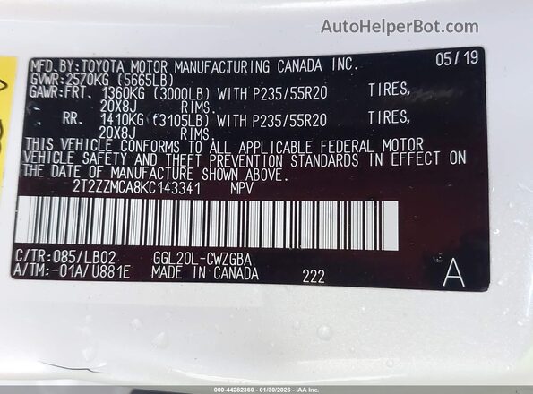 2T2ZZMCA8KC143341 2019 LEXUS RX 350 Белый Вид подкапотного пространства