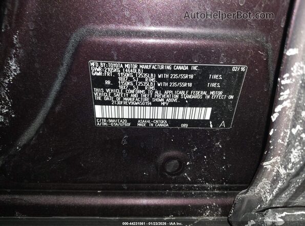 2T3DFREV9GW450194 2016 TOYOTA LIMITED Бордовый Вид подкапотного пространства
