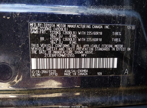 2T3E6RFV2MW012955 2021 TOYOTA RAV4 HYBRID Синий Вид подкапотного пространства