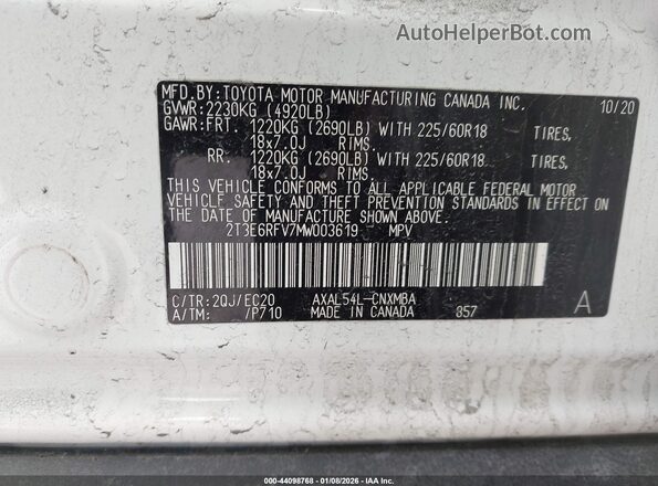 2T3E6RFV7MW003619 2021 TOYOTA RAV4 HYBRID Белый Вид подкапотного пространства