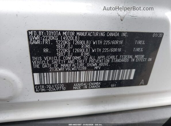 2T3EWRFV6LW070288 2020 TOYOTA RAV4 HYBRID Белый Вид подкапотного пространства
