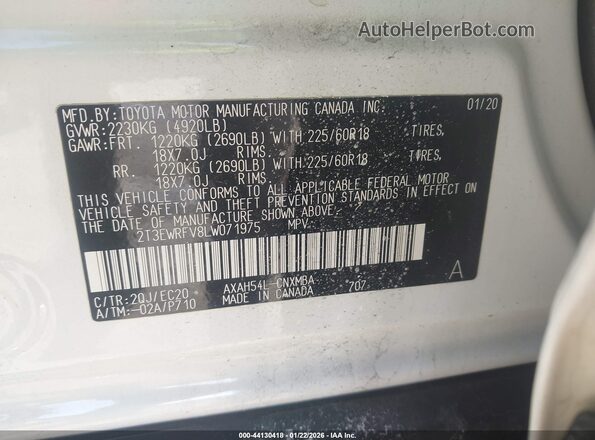 2T3EWRFV8LW071975 2020 TOYOTA RAV4 HYBRID Белый Вид подкапотного пространства