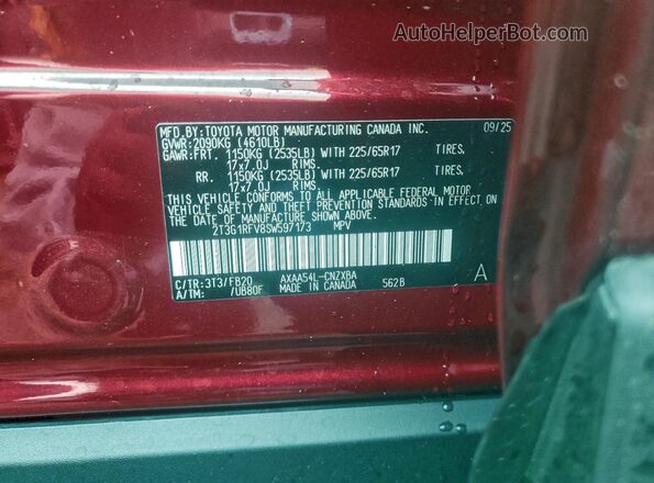 2T3G1RFV8SW597173 2025 TOYOTA LE Красный Вид наклейки с VIN-кодом