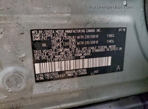 2T3J1RFV5KC029261 2019 TOYOTA RAV4 Gray Widok wnętrza 360 stopni