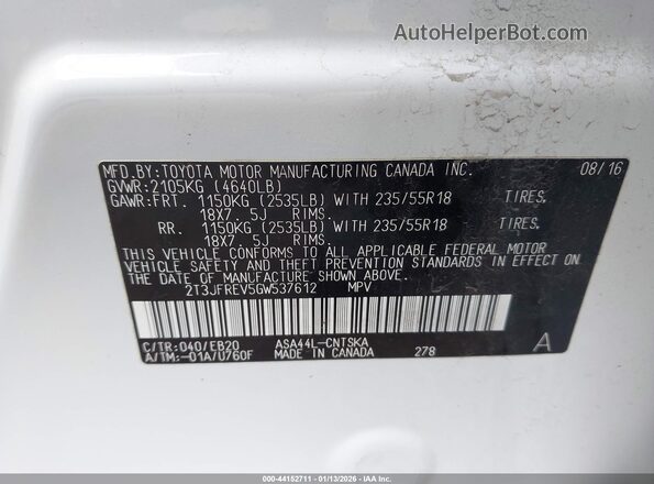 2T3JFREV5GW537612 2016 TOYOTA RAV4 White ძრავის განყოფილების ხედი
