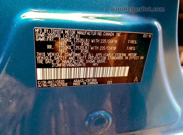 2T3NFREV8GW258415 2016 TOYOTA RAV4 Blue Vista del compartimento del motor