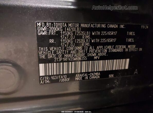 2T3P1RFV2SW496355 2025 TOYOTA LE Gray Շարժիչի բաժամունքի տեսք