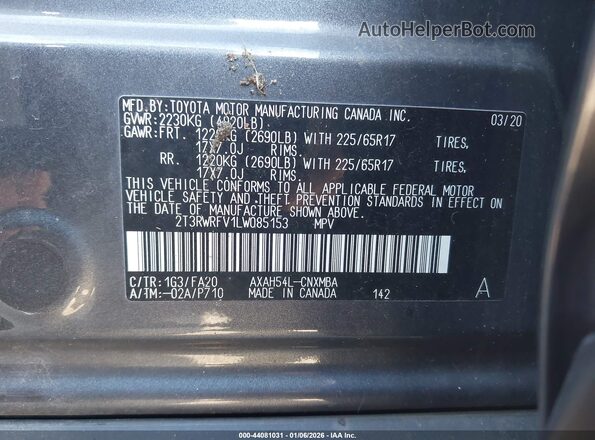 2T3RWRFV1LW085153 2020 TOYOTA LE Gold Engine compartment view