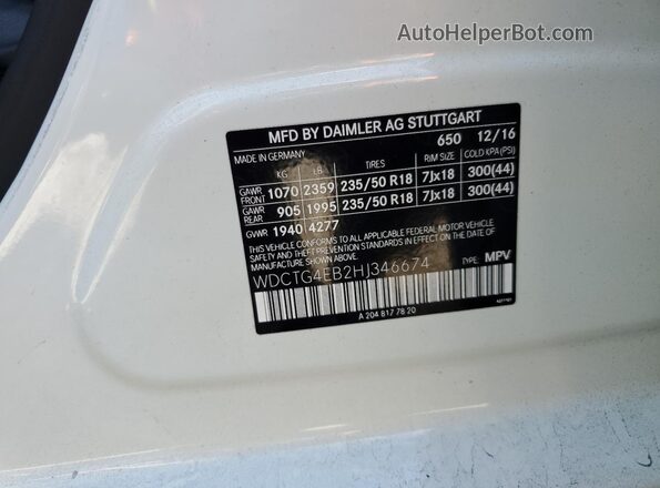 WDCTG4EB2HJ346674 2017 MERCEDES-BENZ GLA-CLASS White VIN sticker view