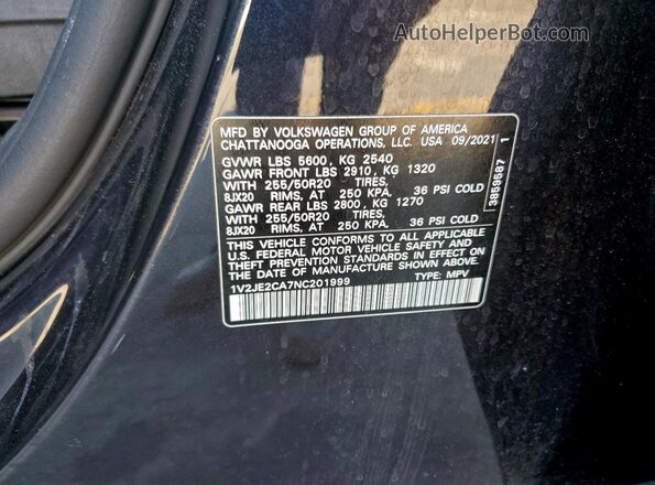 1V2JE2CA7NC201999 2022 VOLKSWAGEN ATLAS Черный Вид наклейки с VIN-кодом
