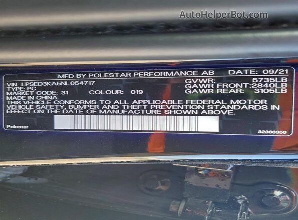 LPSED3KA5NL054717 2022 POLESTAR 2 Black Vista del compartimento del motor