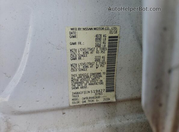 1N6BA1F31JN519427 2018 NISSAN TITAN Белый Вид наклейки с VIN-кодом
