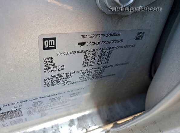 3GCPDBEK1NG504603 2022 CHEVROLET ALL MODELS Серебряный Вид наклейки с VIN-кодом