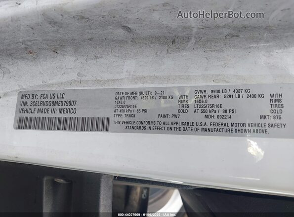3C6LRVDG8ME579007 2021 RAM PROMASTER 2500 White Widok komory silnika