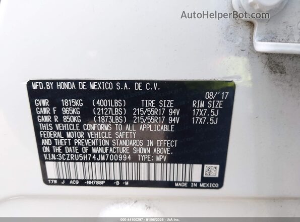 3CZRU5H74JM700994 2018 HONDA HR-V Белый Вид подкапотного пространства