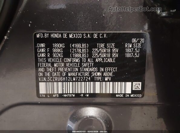 3CZRU6H12LM722724 2020 HONDA HR-V Серый Вид подкапотного пространства