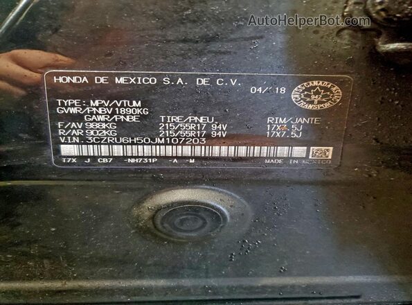 3CZRU6H50JM107203 2018 HONDA HR-V Черный Вид наклейки с VIN-кодом