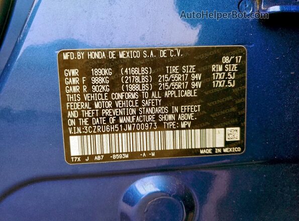 3CZRU6H51JM700973 2018 HONDA HR-V Синий Вид наклейки с VIN-кодом
