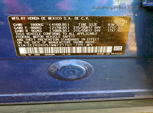 3CZRU6H51MM721701 2021 HONDA HR-V Blue Widok naklejki z numerem VIN