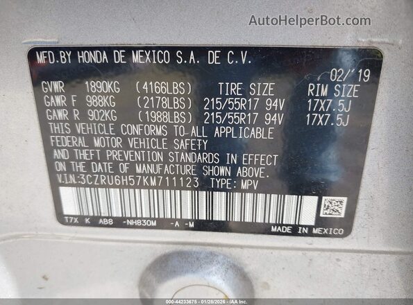 3CZRU6H57KM711123 2019 HONDA HR-V Серебряный Вид подкапотного пространства