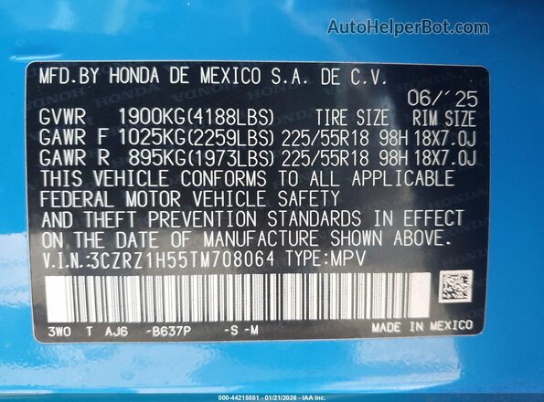 3CZRZ1H55TM708064 2026 HONDA HR-V Синий Вид подкапотного пространства