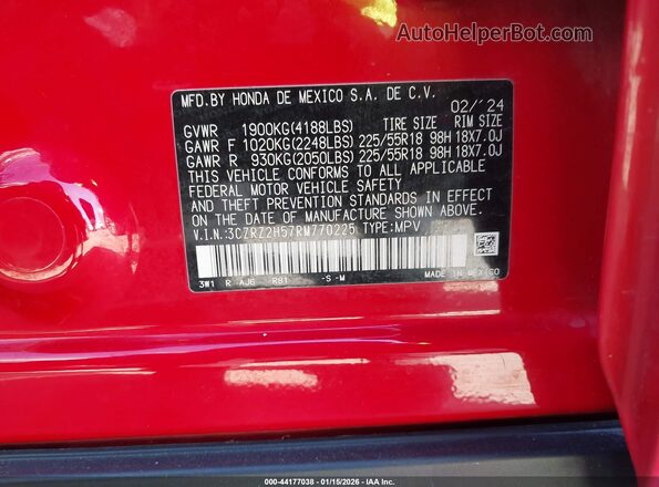 3CZRZ2H57RM770225 2024 HONDA HR-V Red Widok komory silnika