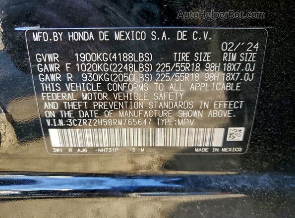 3CZRZ2H58RM765647 2024 HONDA HR-V Black Widok naklejki z numerem VIN