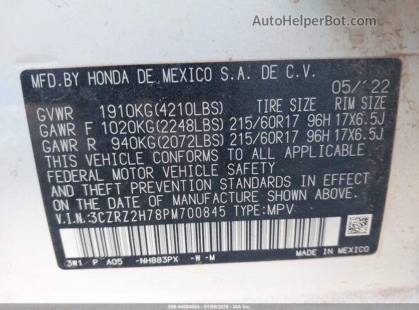 3CZRZ2H78PM700845 2023 HONDA HR-V White Widok komory silnika