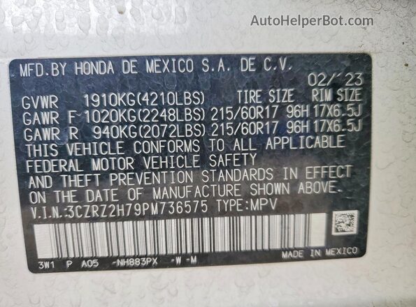 3CZRZ2H79PM736575 2023 HONDA HR-V White VIN sticker view