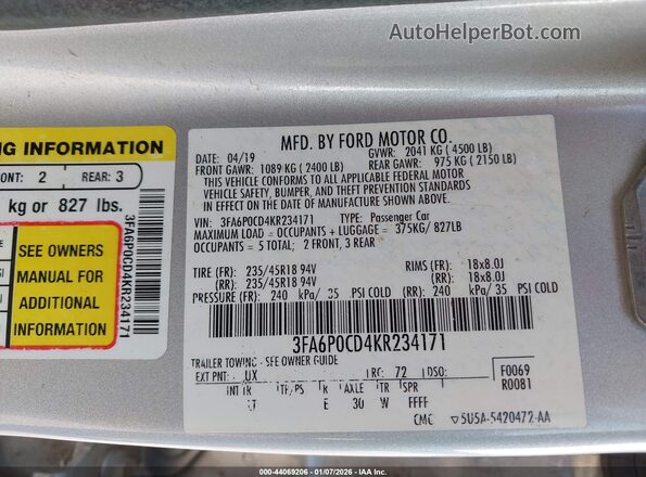 3FA6P0CD4KR234171 2019 FORD FUSION Серебряный Вид подкапотного пространства